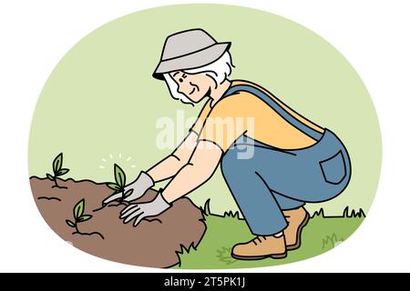 Une femme âgée souriante plante des semis dans le sol. Bonne jeune jardinière mature engagée dans l'horticulture en plein air. Jardinage et passe-temps. Illustration vectorielle. Illustration de Vecteur