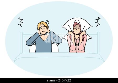 Un couple malheureux au lit souffre d'un bruit excessif incapable de dormir. Contrarié homme et femme en difficulté lutte avec des voisins bruyants. Illustration vectorielle. Illustration de Vecteur