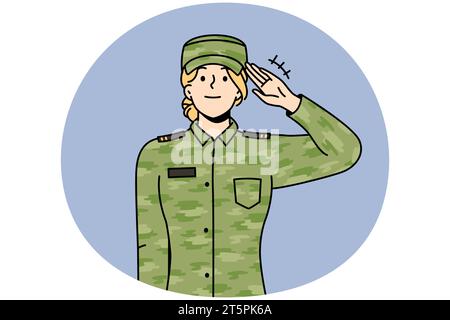 Soldat féminin vêtu d'un uniforme kaki. Femme servant dans l'armée faisant le geste de la main montrer le respect et l'accueil. Concept de service militaire. Illustration vectorielle. Illustration de Vecteur