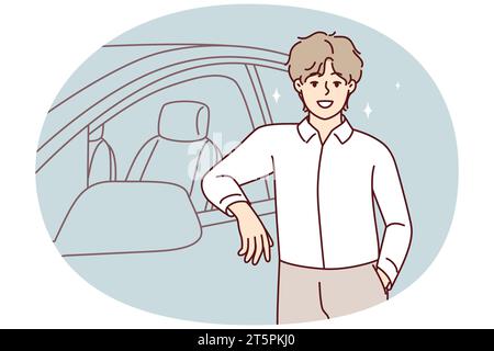 Jeune homme souriant debout près d'une nouvelle voiture dans un salon. Joyeux homme confiant acheter automobile fier de l'achat. Illustration vectorielle. Illustration de Vecteur