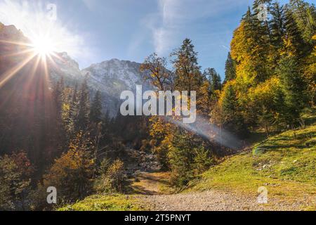 Vues le long et dans le foilage d'automne, saison d'automne dans l'étroite Engtal ou Eng Valley, Hinterriss, Tyrol, Autriche, Europe Banque D'Images