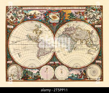 Vieux planisphère avec insert Zodiac. Par de Wit, publ. en 1660 Banque D'Images