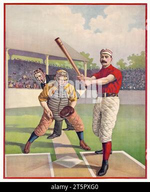 Vieille illustration de baseball montrant batteur et receveur prêt à jouer et arbitre derrière eux. Par auteur non identifié, publ. en 1895 Banque D'Images