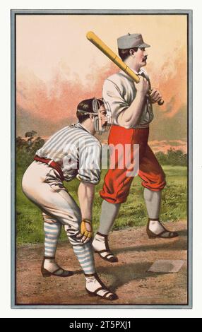 Vieille illustration de baseball montrant le receveur et le batteur prêt à jouer. Par auteur non identifié, publ. À Buffalo, 1885 Banque D'Images