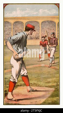 Vieille illustration de baseball montrant un lanceur prêt à jouer. Par auteur non identifié, publ. À Buffalo, 1885 Banque D'Images