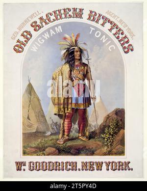 Vieille illustration de publicité amère montrant un chef amérindien. Par auteur non identifié, publ. À New York, vers 1859 Banque D'Images