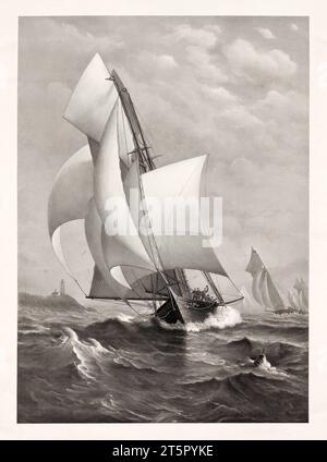 Vieille illustration d'un yacht naviguant lors d'une régate. Par auteur non identifié, publ. ca 1885 Banque D'Images