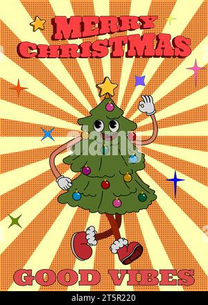 Affiche de Noël Groovy hippie. Sapin de Noël dans un style de dessin animé rétro tendance Illustration de Vecteur