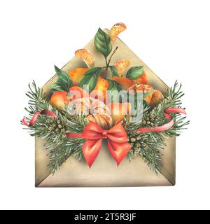 Un bouquet de mandarines avec des feuilles avec un insigne de branches de pin avec un arc rouge, des rubans dans l'enveloppe artisanale. Illustration à l'aquarelle, dessinée à la main Banque D'Images