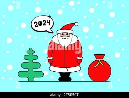 Personnage mignon de dessin animé Kawaii Père Noël pour Noël et bonne année 2024 célébration. Sac cadeau épicéa et neige sur la carte de voeux bleu doux de vacances d'hiver. Vector eps inspiration illustration Illustration de Vecteur