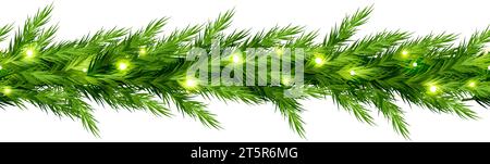 Bordure horizontale sans couture de Noël avec branches de sapin vert et lumières de Noël. Illustration vectorielle Illustration de Vecteur