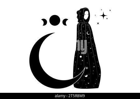 Sorcière dans une cape noire, prêtresse mystique dans un manteau magique avec capuche de tête sur le croissant de lune noir. Triple déesse, femme wiccan, icônes ésotériques Illustration de Vecteur