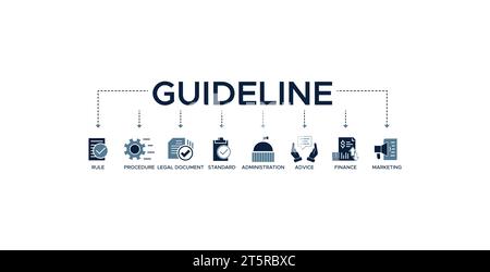 Concept d'illustration vectorielle d'icône Web de bannière de ligne avec icône de règle, procédure, document juridique, norme, administration, conseil, finance, marché Illustration de Vecteur