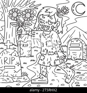 Zombie Girl Holding tournesols coloriage pages Illustration de Vecteur