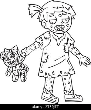 Zombie Girl avec Plushie page de coloriage isolée Illustration de Vecteur