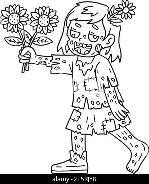 Zombie Girl tenant tournesols coloration isolée Illustration de Vecteur