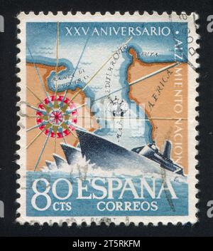 ESPAGNE - CIRCA 1961 : timbre imprimé par l'Espagne, montre les navires et le détroit de Gibraltar, circa 1961 Banque D'Images
