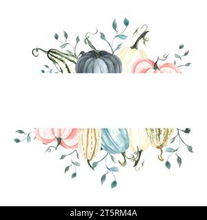 Badge à bordure carrée aquarelle avec des citrouilles bleues blanches d'automne et roses. Arrangement floral avec . Ramasser la couronne. Illustration dessinée à la main. Pour Banque D'Images