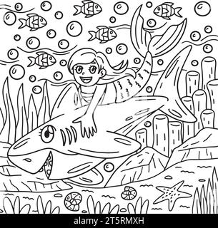 Page à colorier requin et sirène pour les enfants Illustration de Vecteur