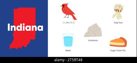 États de l'Indiana avec icône de symbole de tarte à la crème sucrière calcaire tulipe arbre et illustration d'oiseau cardinal Illustration de Vecteur