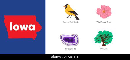 États de l'Iowa avec l'icône de symbole de l'est de la géode rose et de l'illustration de chêne Illustration de Vecteur