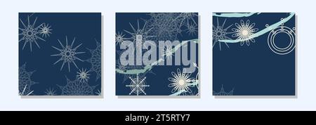 Modèles carrés de post d'hiver pour les réseaux sociaux. Fond bleu foncé abstrait de flocons de neige. Thème hiver Noël. Conception de bannière. Illustration vectorielle. Illustration de Vecteur