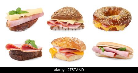 Différents sandwichs savoureux avec jambon isolé sur blanc, collection Banque D'Images