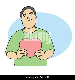 homme souriant tenant le symbole de coeur rouge dans les mains illustration vecteur dessiné à la main isolé sur fond blanc Illustration de Vecteur