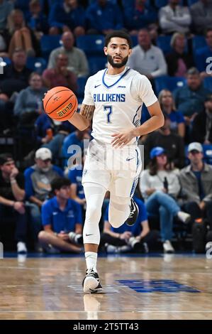 06 NOVEMBRE 2023 : le garde de Saint Louis Billikens Michael Meadows Jr. (7 ans) amène le ballon en bas du terrain lors d'un match de saison régulière où les Screaming Eagles de l'Université du Sud de l'Indiana ont visité le St. Louis Billikens. Tenue à Chaifetz Arena à St. Louis, Mo le lundi 06 novembre 2023 Richard Ulreich/CSM Banque D'Images