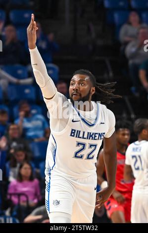 06 NOVEMBRE 2023 : Terrence Hargrove Jr. (22 ans), attaquant de Saint Louis Billikens, célèbre son tir à trois points lors d'un match de saison régulière où les Screaming Eagles de l'Université du Sud de l'Indiana ont visité la rue Louis Billikens. Tenue à Chaifetz Arena à St. Louis, Mo le lundi 06 novembre 2023 Richard Ulreich/CSM Banque D'Images