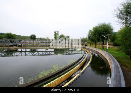 Bassin de décantation de l'usine de traitement des eaux usées, gros plan de la photo Banque D'Images