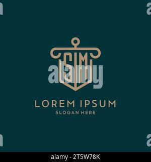 Logo initial monogramme SM avec bouclier et conception en forme de pilier Illustration de Vecteur