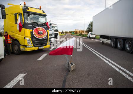 Un drapeau polonais agite au milieu de la route menant au passage de la frontière avec l'Ukraine près de la ville de Dorohusk. À partir de novembre 6, les camionneurs polonais bloquent plusieurs passages frontaliers avec l'Ukraine pour protester contre ce qu'ils disent être la liberté de circulation des transporteurs ukrainiens en Pologne qui nuit à leurs affaires. Les manifestants prévoient d'arrêter les camions circulant aux postes frontière, laissant passer un camion par heure, mais exemptant les envois d'équipement pour l'armée ukrainienne et les véhicules transportant du bétail. Les revendications des manifestants incluent, entre autres, le rétablissement des restrictions sur le nombre de camions immatriculés en Ukraine entrant Banque D'Images