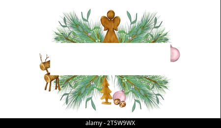 Cadre de Noël de jouets en bois, jingle cloches illustration numérique isolé sur blanc. Ange de Noël, cerf, arbre dessiné à la main. GUI avec bois de pin Banque D'Images