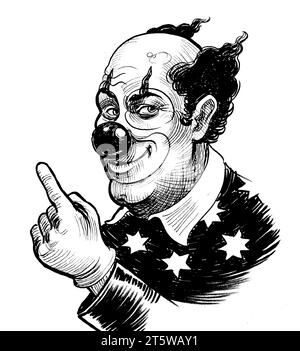 Clown pointant vers la gauche et vers le haut. Illustration noire et blanche dessinée à la main à l'encre de style rétro Banque D'Images