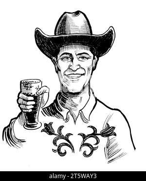 Cow-boy buvant un verre de bière. Illustration noire et blanche dessinée à la main à l'encre de style rétro Banque D'Images