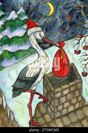 Illustration d'aquarelle de Noël et du nouvel an avec cigogne comme Père Noël tenant le sac de cadeaux par la cheminée sur le toit de la maison. Dos de cartes de vœux saisonnières Banque D'Images