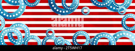 USA couleurs, étoiles et cercles abstraits design de bannière grunge. Jour de l'indépendance fond moderne. Concept drapeau américain. Illustration vectorielle Illustration de Vecteur