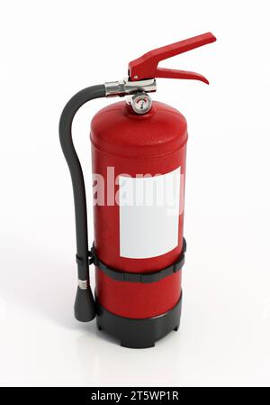 Extincteur avec étiquette vierge isolée sur fond blanc. Illustration 3D. Banque D'Images