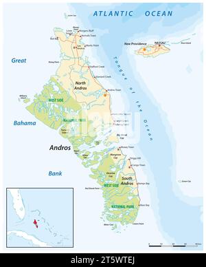 Carte vectorielle de l'île d'Andros et de New Providence, Bahamas Banque D'Images