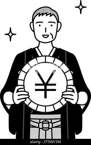 Jour de l'an et mariages, homme senior portant hakama avec écusson une image des gains de change et de l'appréciation du yen, Vector Illustration Illustration de Vecteur