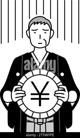 Jour de l'an et mariages, homme senior portant hakama avec écusson une image de perte de change ou de dépréciation du yen, Illustration vectorielle Illustration de Vecteur