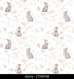 Lapin Seamless Pattern, Forest Animals Wallpaper, Woodland Animals Wallpaper, Aquarelle Pattern, fond blanc Banque D'Images