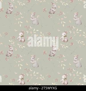 Lapin Seamless Pattern, Forest Animals Wallpaper, Woodland Animals Wallpaper, Aquarelle Pattern, pastel Green Color Background Banque D'Images