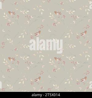 Motif oiseau Robin, motif oiseau floral, aquarelle Boho Baby, motif sans couture rustique, fond de couleur vert pastel Banque D'Images