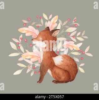 Petit renard avec décor de plantes d'automne. Aquarelle bébé Fox. Animal forestier avec fond floral. Illustration d'animaux de bébé d'automne Banque D'Images