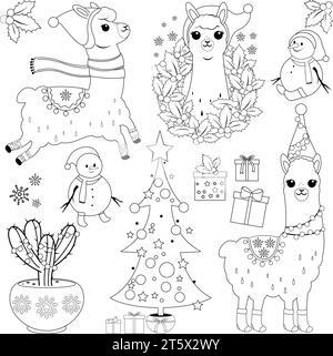 Lamas mignons en costumes de Noël, arbre de Noël, cadeaux et autres objets de Noël. Page de coloriage en noir et blanc vectoriel. Illustration de Vecteur