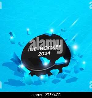 Bannière publicitaire de tournois de hockey sportif. Palet en caoutchouc noir pour hockey sur glace s'est écrasé dans le sol à grande vitesse et se brise en éclats, fissures après pe Illustration de Vecteur