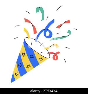 Poppers dessinés à la main avec confettis et rubans. Elément décoratif festif et festif. Illustration vectorielle plate de couleur lumineuse isolée sur un fond blanc Illustration de Vecteur