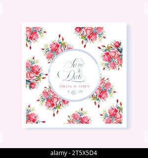 Save the Date motif de carte carrée florale de mariage avec des fleurs vintage aquarelle Roses. Illustration de Vecteur